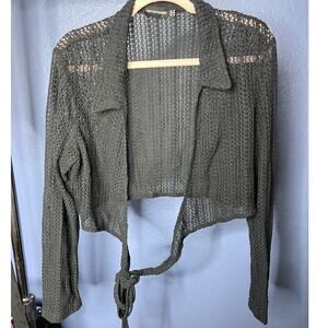 PrettyLittleThing Black Ladder Knit Sheer Cropped Tie Front Cardigan Shrug Sz 14